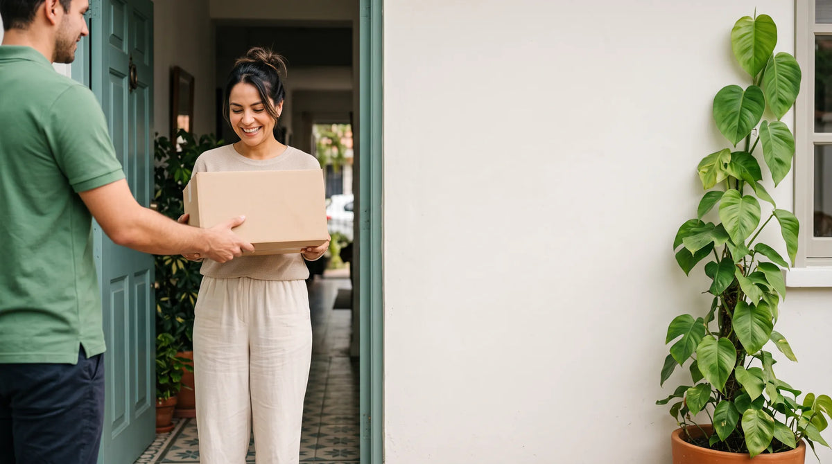 Mujer recibiendo su pedido de Bioimpulso en la puerta de su casa y pagando contraentrega