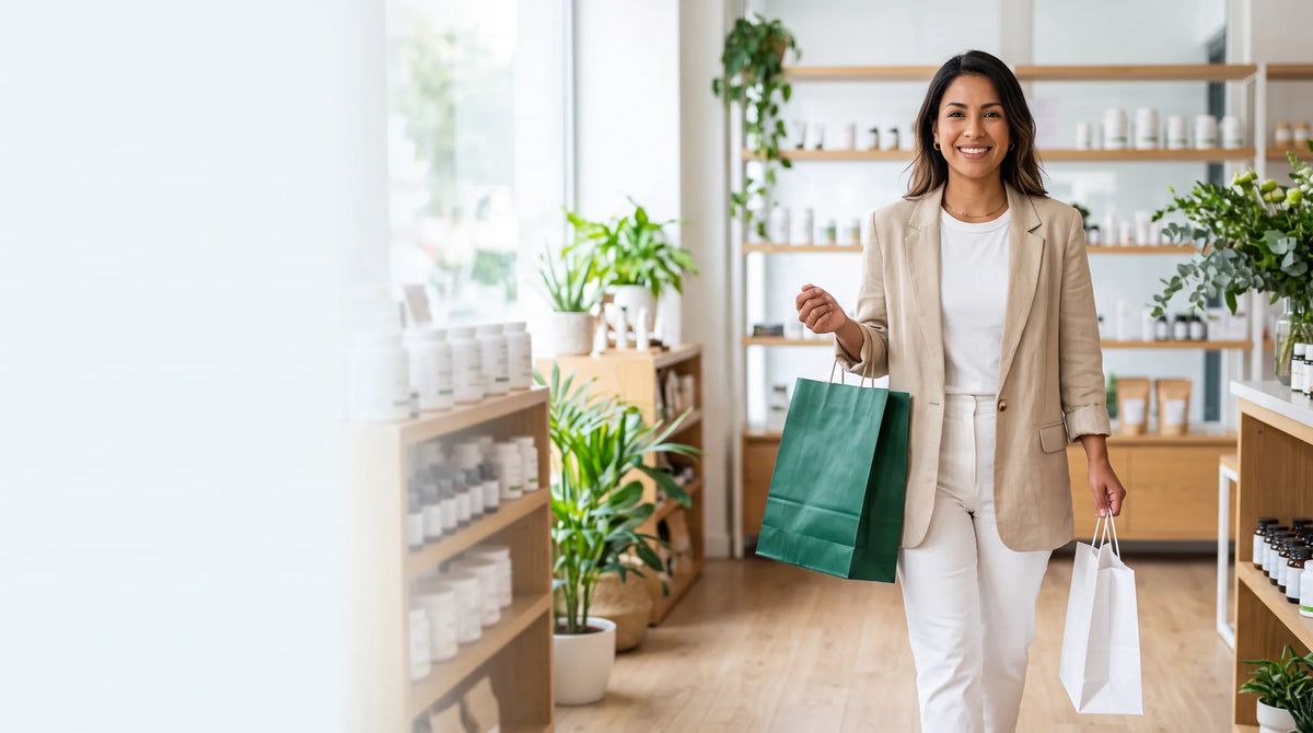 Clienta saliendo con sus compras de una tienda de suplementos naturales Bioimpulso
