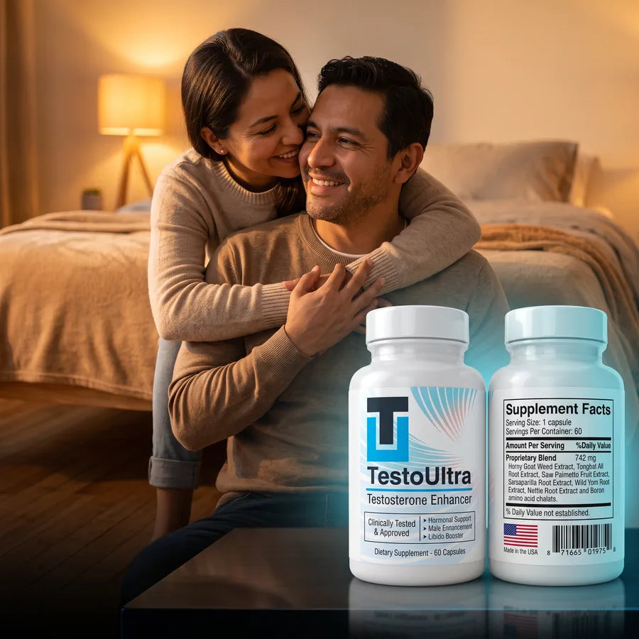 Testo Ultra Tradicional - pareja feliz y frasco con tabla de ingredientes
